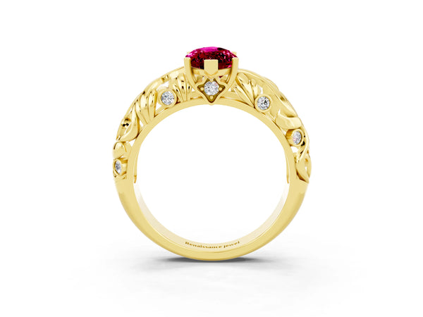 Yellow gold Marquise Cut Solitaire Garnet Leaf-Inspired Vine Band Ring with Prong Setting