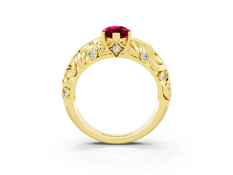 Yellow gold Marquise Cut Solitaire Garnet Leaf-Inspired Vine Band Ring with Prong Setting_3