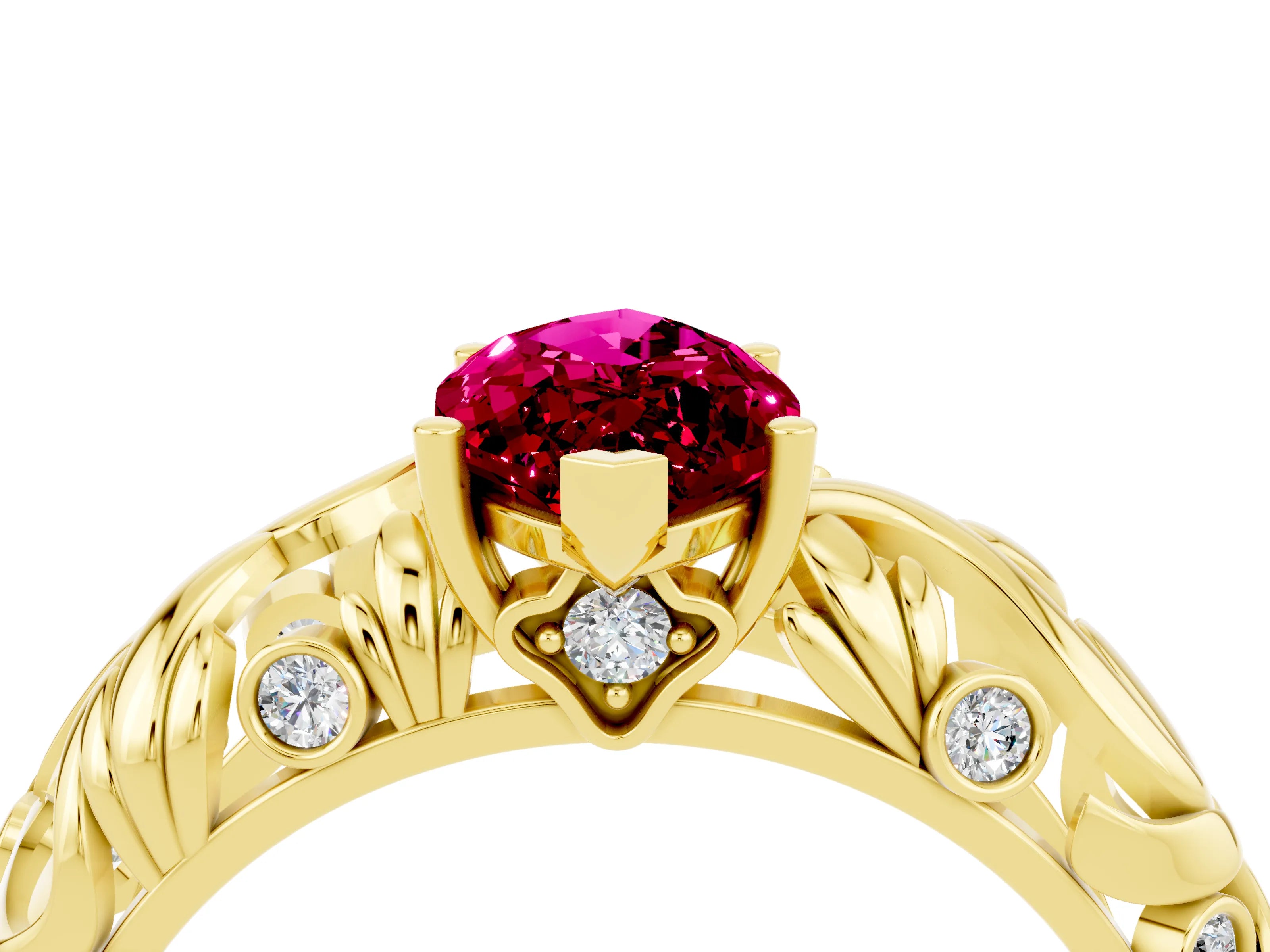 Yellow gold Marquise Cut Solitaire Garnet Leaf-Inspired Vine Band Ring with Prong Setting_4