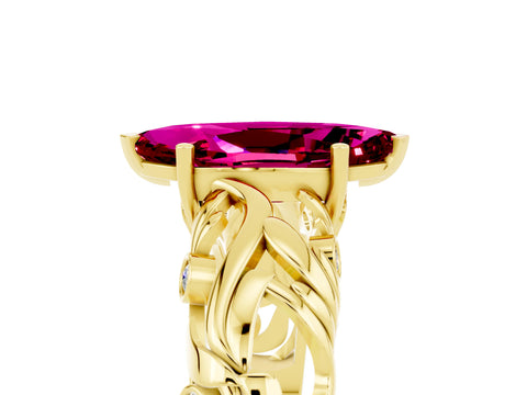 Yellow gold Marquise Cut Solitaire Garnet Leaf-Inspired Vine Band Ring with Prong Setting_5