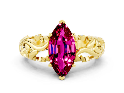 Yellow gold Marquise Cut Solitaire Garnet Leaf-Inspired Vine Band Ring with Prong Setting