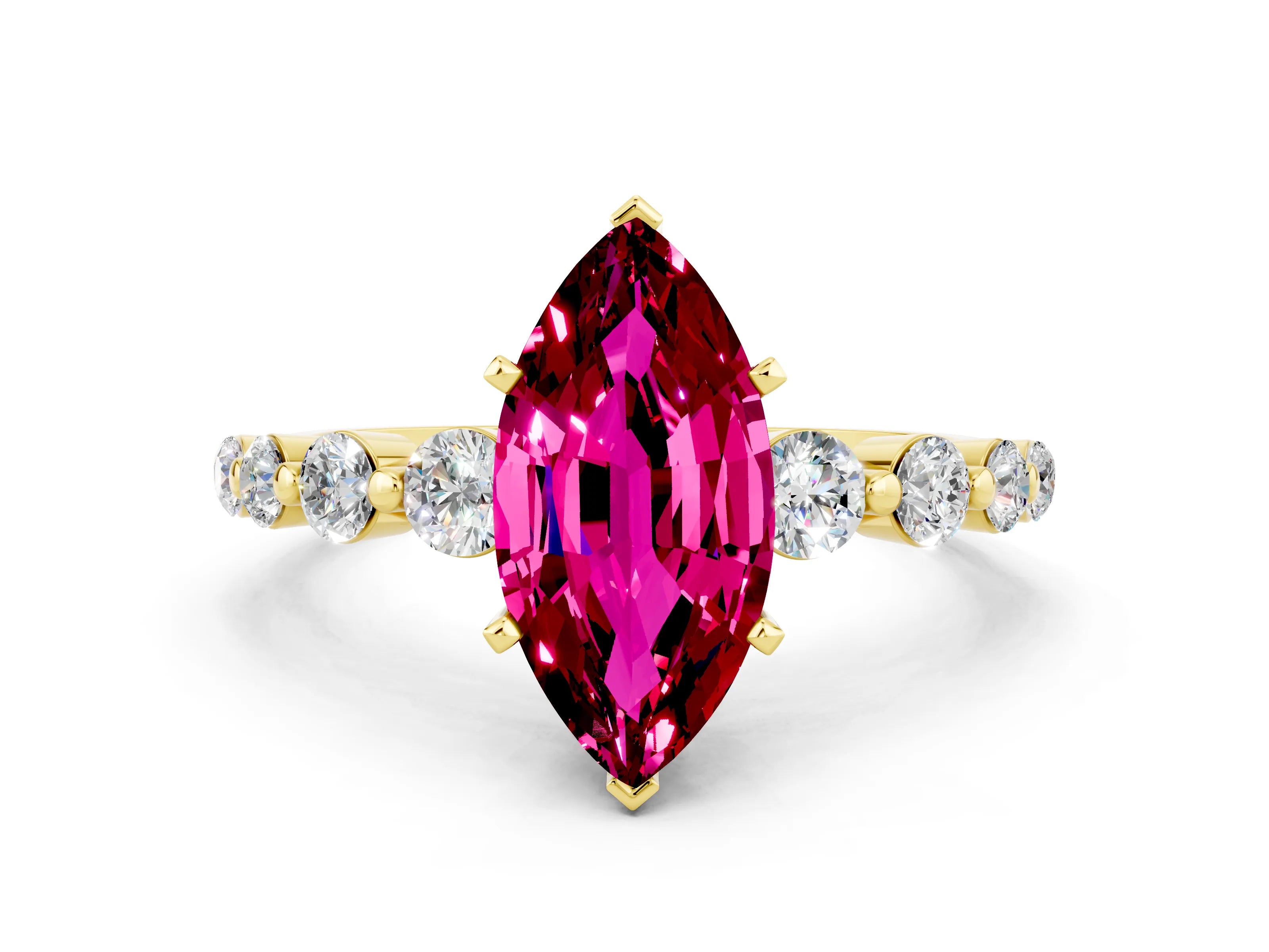 Yellow gold Marquise Cut Solitaire Garnet Ring with Pave Band and Four-Prong Setting