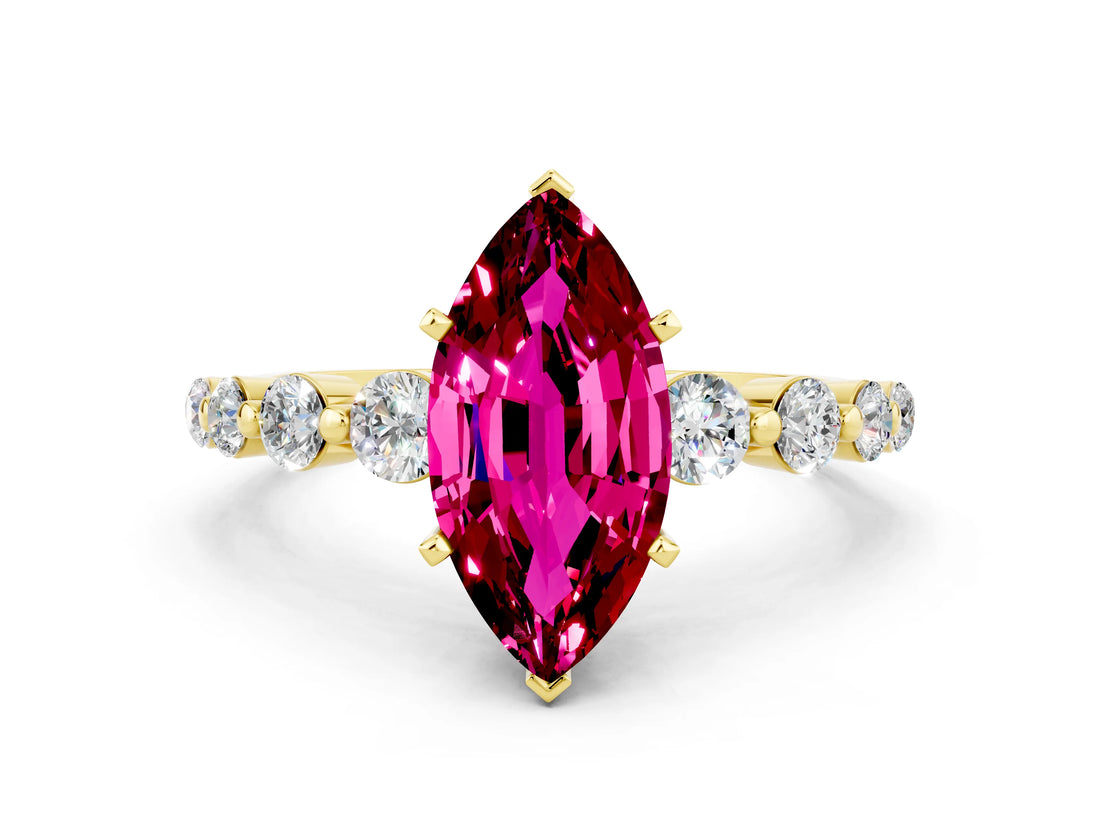 Yellow gold Marquise Cut Solitaire Garnet Ring with Pave Band and Four-Prong Setting
