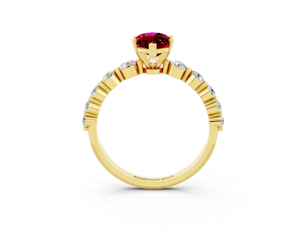 Yellow gold Marquise Cut Solitaire Garnet Ring with Pave Band and Four-Prong Setting