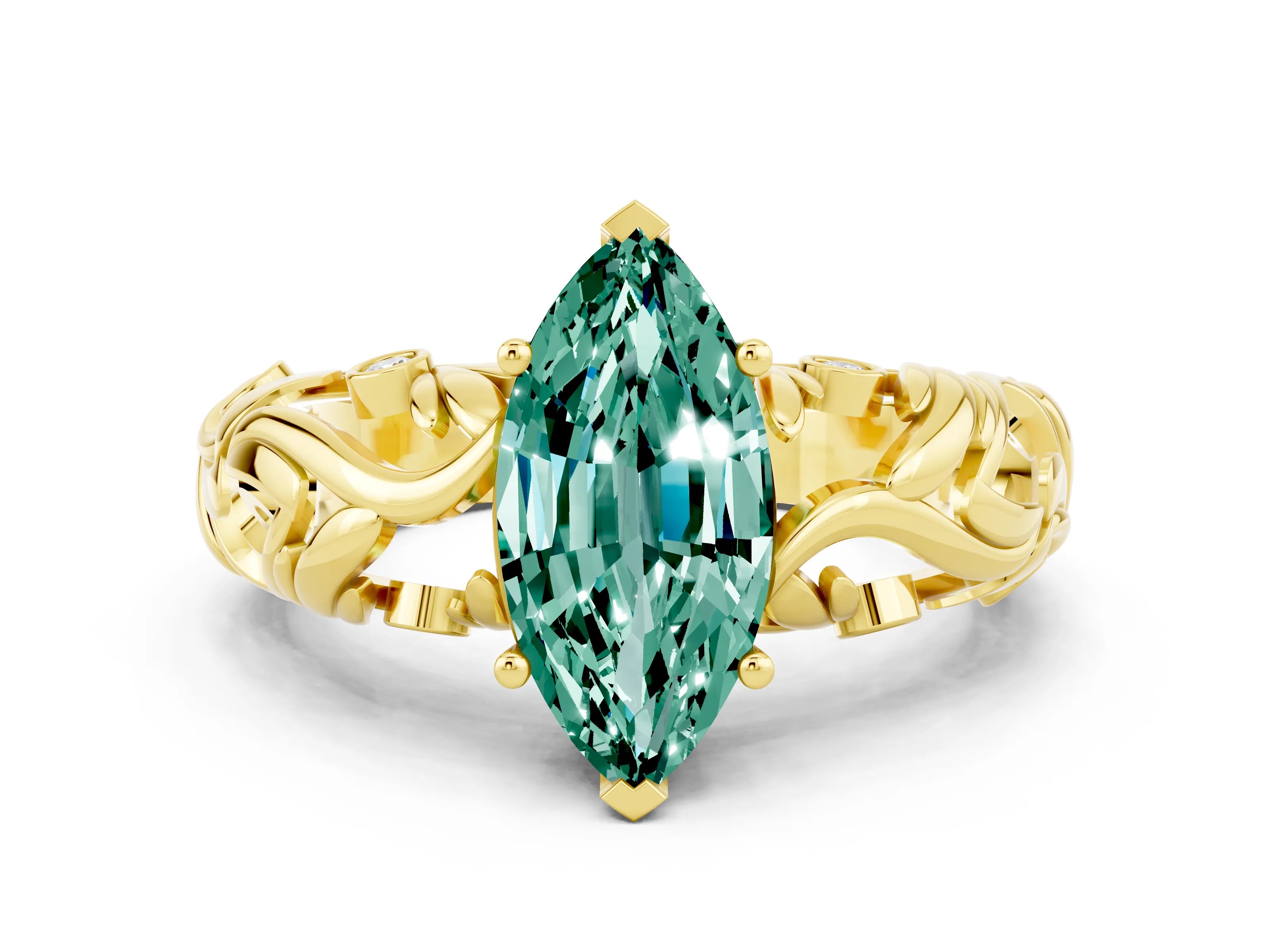 Yellow gold Marquise Cut Solitaire Green Sapphire Leaf-Inspired Vine Band Ring with Prong Setting