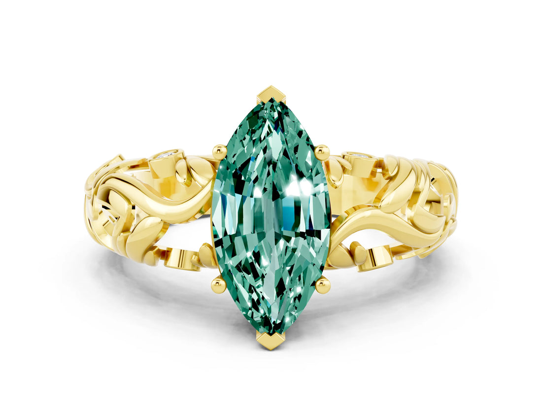 Yellow gold Marquise Cut Solitaire Green Sapphire Leaf-Inspired Vine Band Ring with Prong Setting