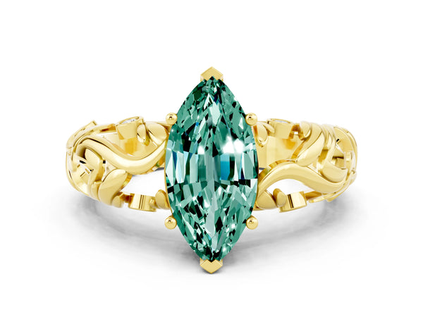 Yellow gold Marquise Cut Solitaire Green Sapphire Leaf-Inspired Vine Band Ring with Prong Setting