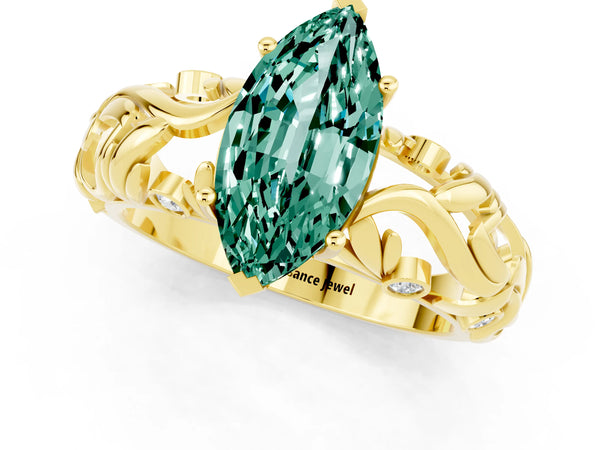 Yellow gold Marquise Cut Solitaire Green Sapphire Leaf-Inspired Vine Band Ring with Prong Setting