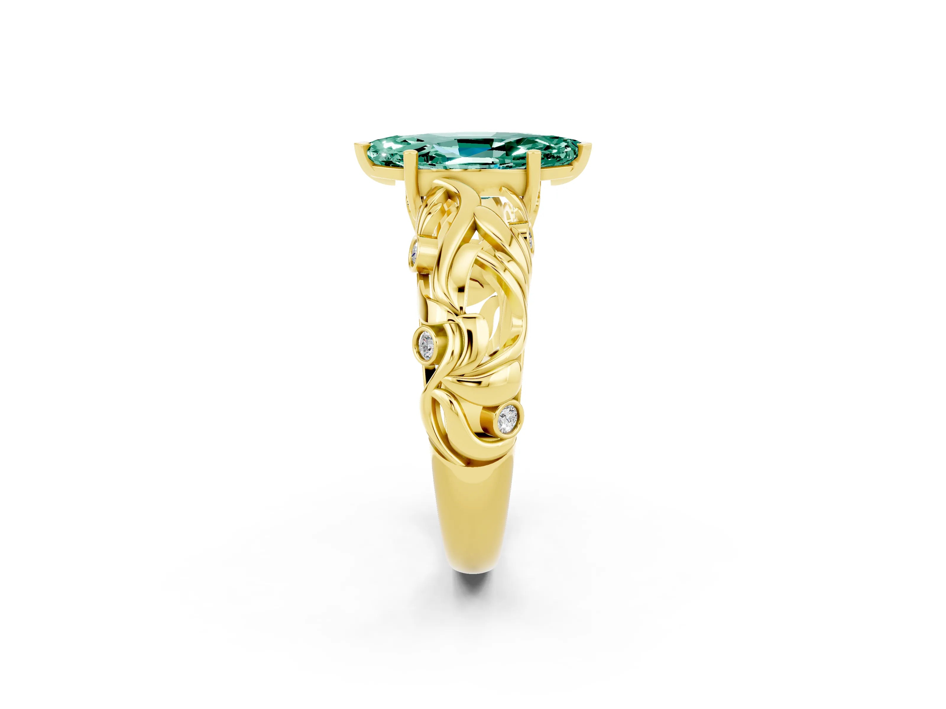 Yellow gold Marquise Cut Solitaire Green Sapphire Leaf-Inspired Vine Band Ring with Prong Setting_2