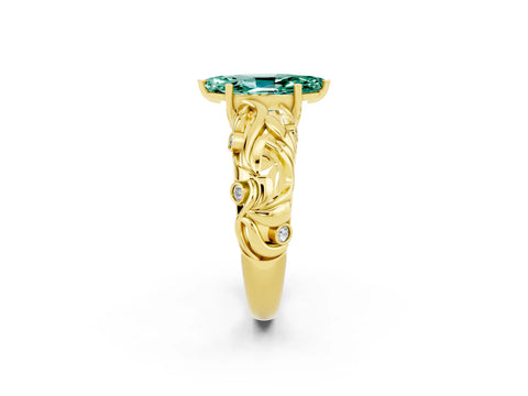 Yellow gold Marquise Cut Solitaire Green Sapphire Leaf-Inspired Vine Band Ring with Prong Setting_2