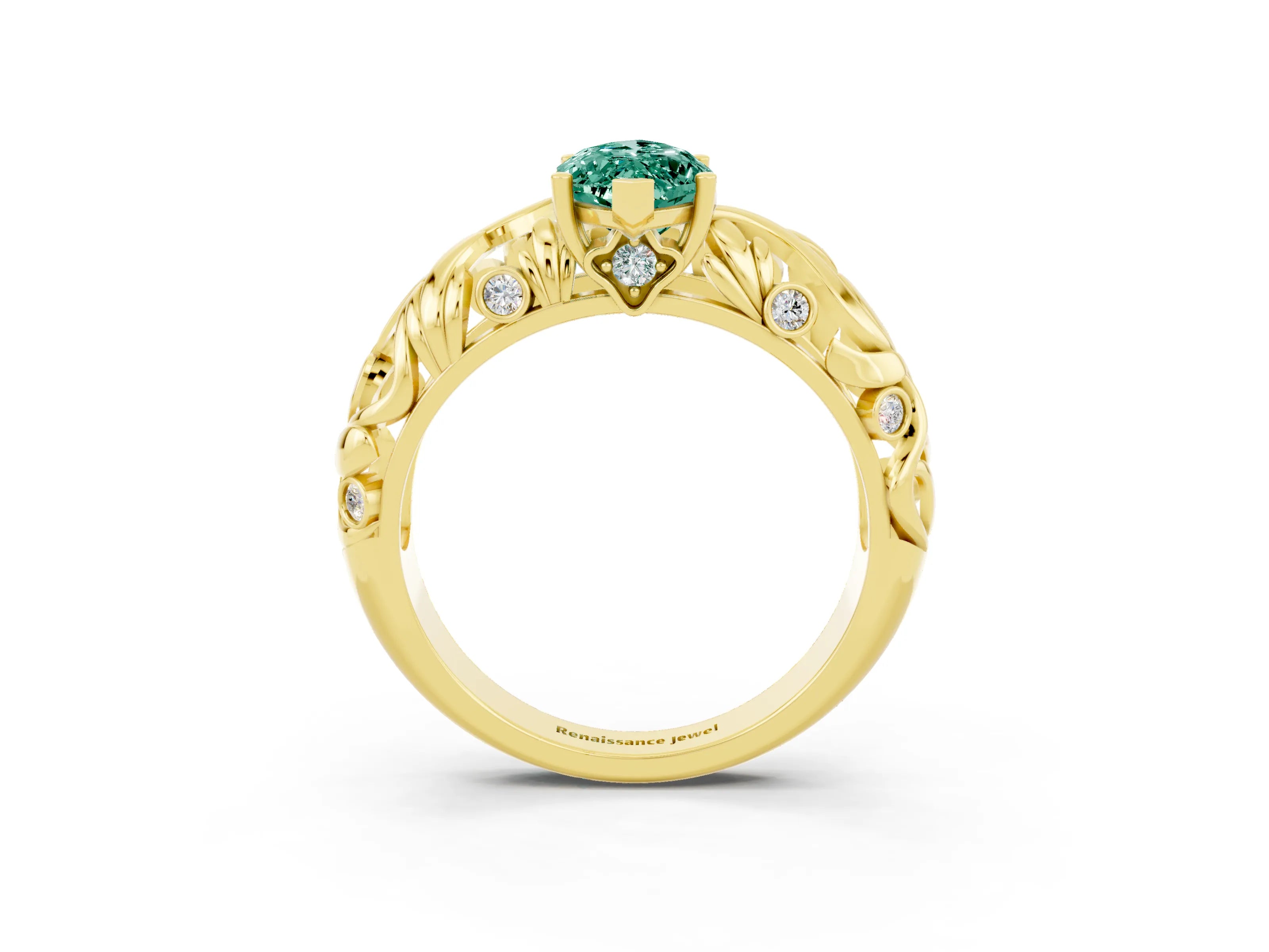 Yellow gold Marquise Cut Solitaire Green Sapphire Leaf-Inspired Vine Band Ring with Prong Setting_3