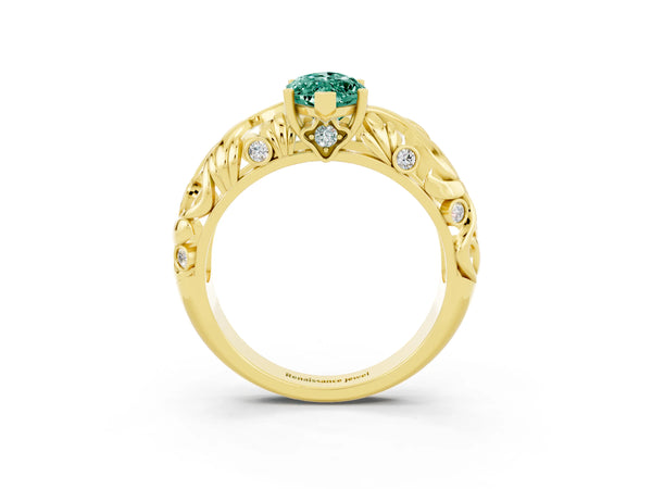 Yellow gold Marquise Cut Solitaire Green Sapphire Leaf-Inspired Vine Band Ring with Prong Setting