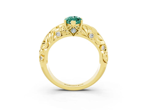 Yellow gold Marquise Cut Solitaire Green Sapphire Leaf-Inspired Vine Band Ring with Prong Setting_3