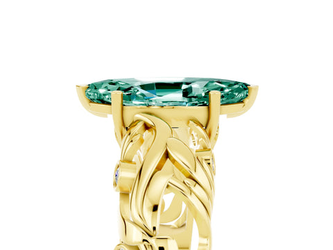 Yellow gold Marquise Cut Solitaire Green Sapphire Leaf-Inspired Vine Band Ring with Prong Setting_5