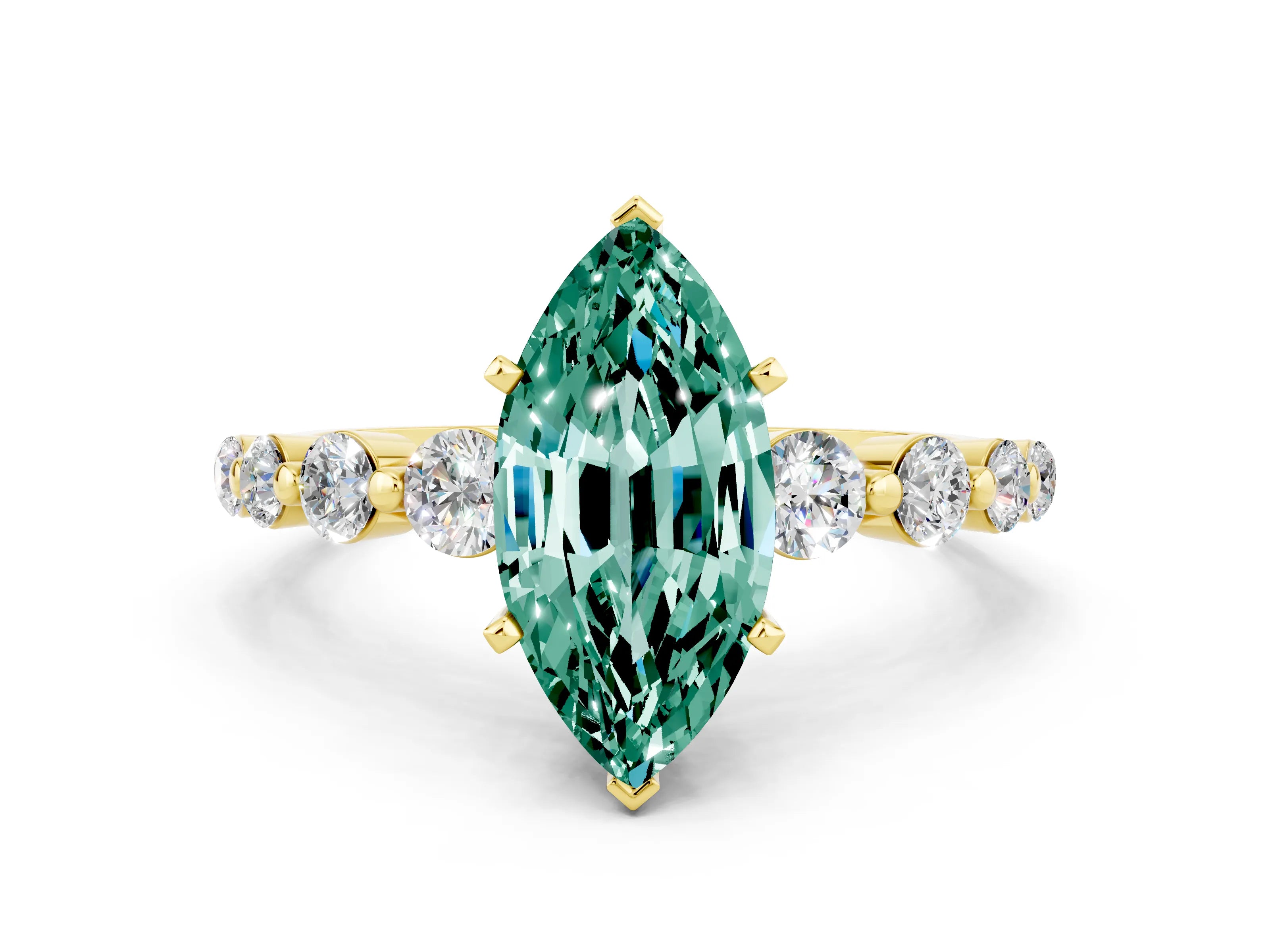Yellow gold Marquise Cut Solitaire Green Sapphire Ring with Pave Band and Four-Prong Setting