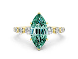 Yellow gold Marquise Cut Solitaire Green Sapphire Ring with Pave Band and Four-Prong Setting