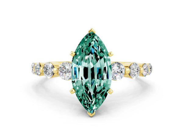 Yellow gold Marquise Cut Solitaire Green Sapphire Ring with Pave Band and Four-Prong Setting