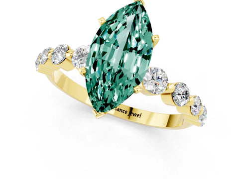 Yellow gold Marquise Cut Solitaire Green Sapphire Ring with Pave Band and Four-Prong Setting_1