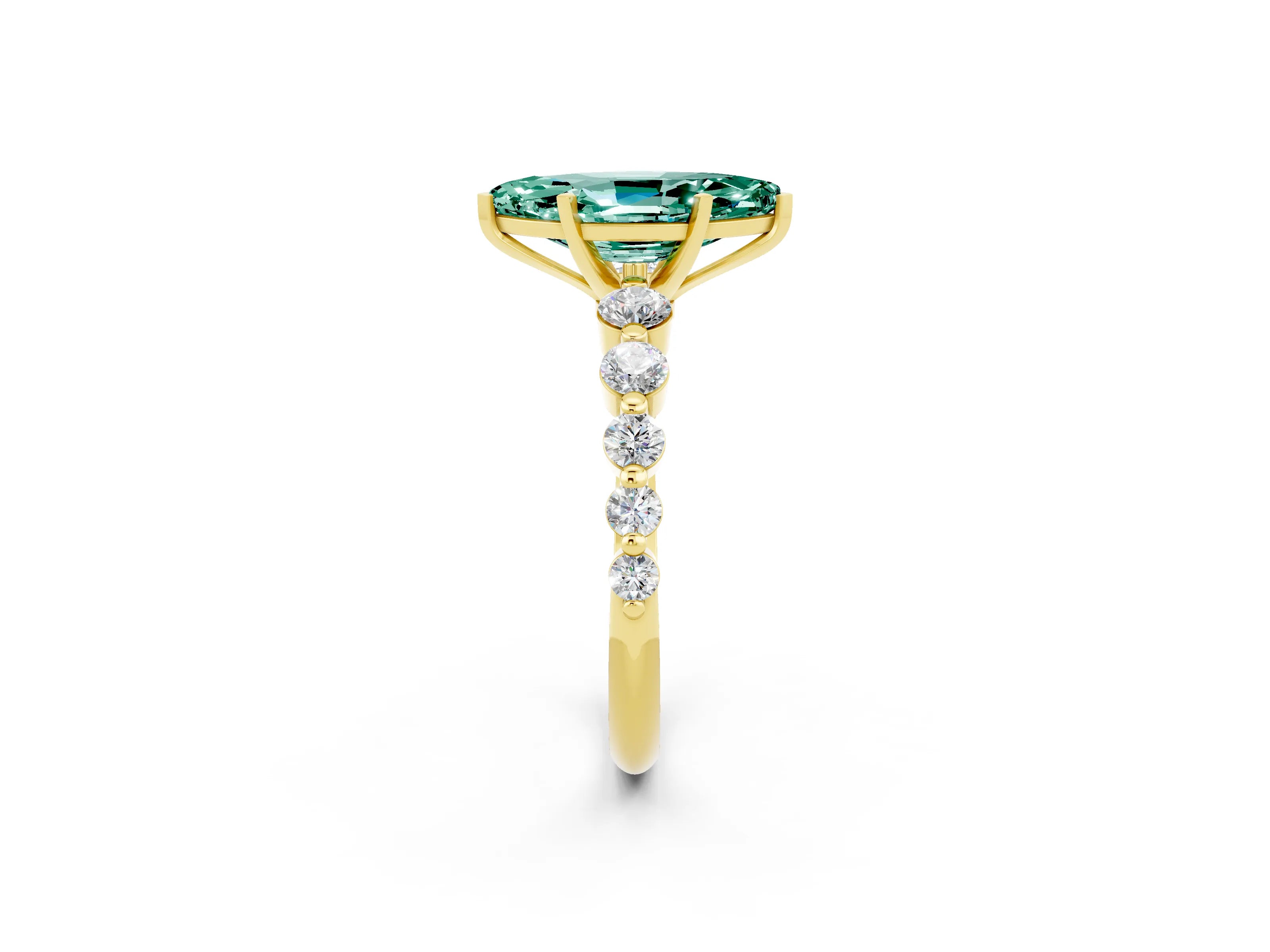 Yellow gold Marquise Cut Solitaire Green Sapphire Ring with Pave Band and Four-Prong Setting_2
