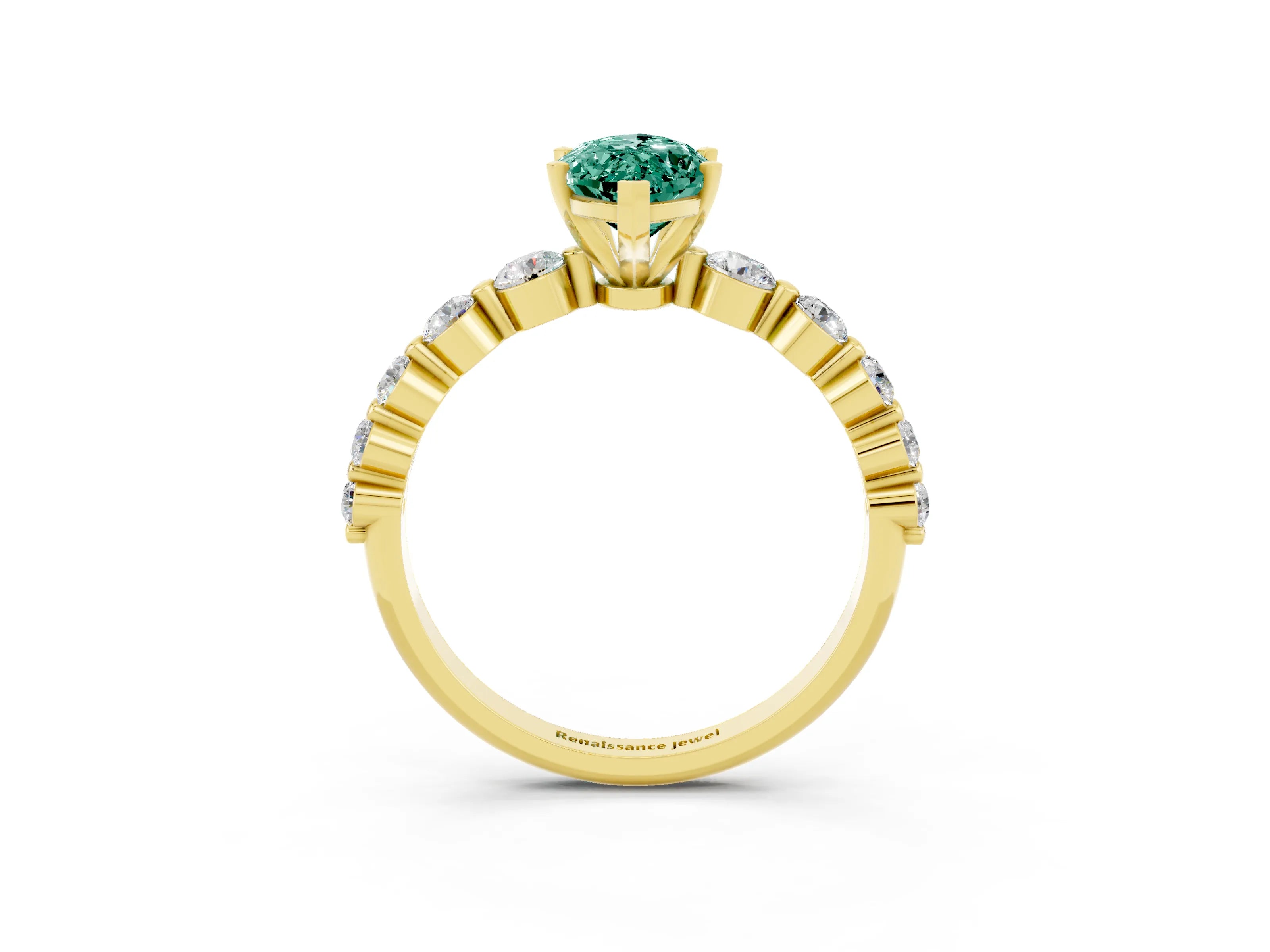 Yellow gold Marquise Cut Solitaire Green Sapphire Ring with Pave Band and Four-Prong Setting_3