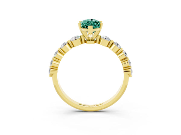 Yellow gold Marquise Cut Solitaire Green Sapphire Ring with Pave Band and Four-Prong Setting