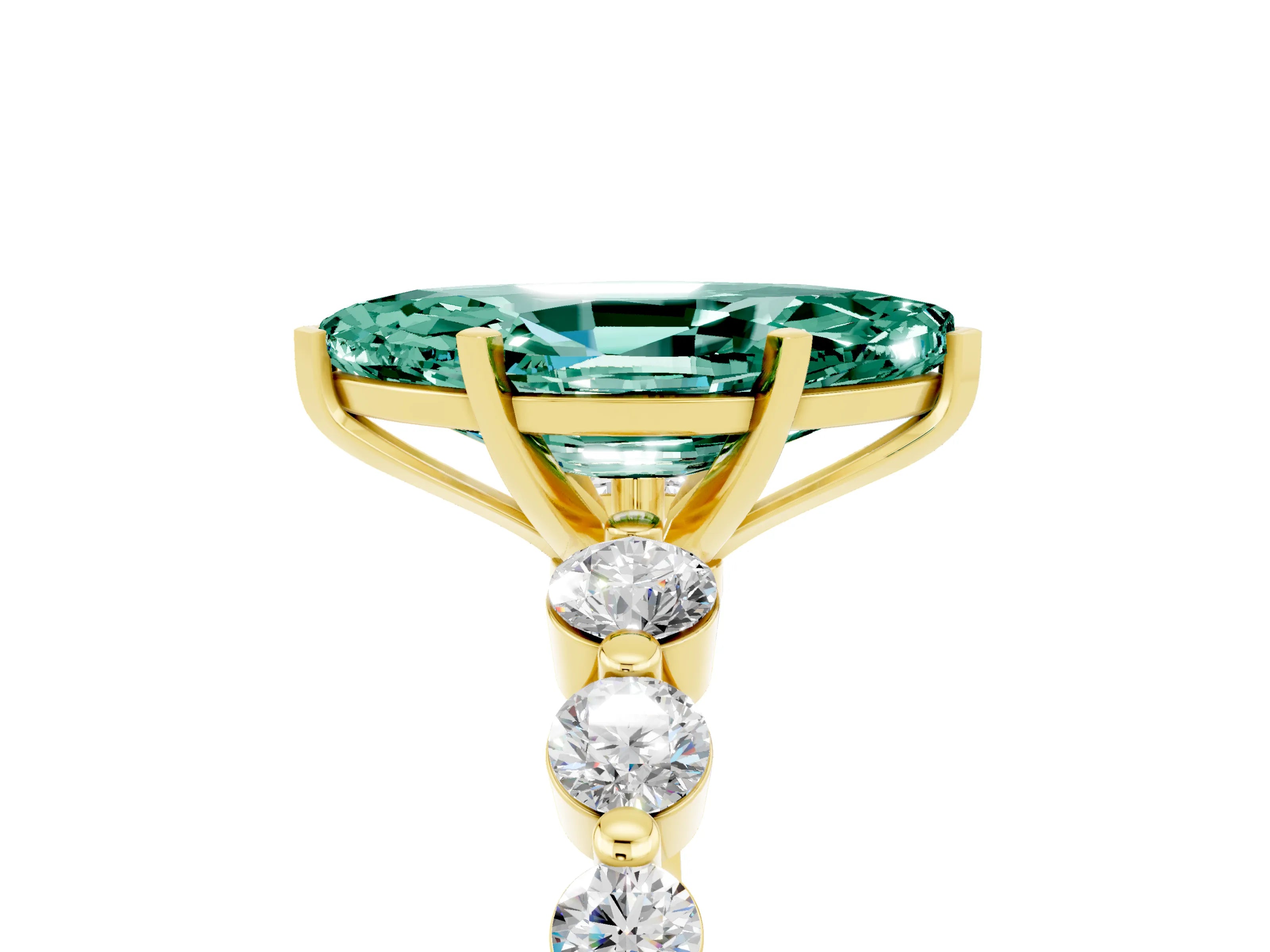 Yellow gold Marquise Cut Solitaire Green Sapphire Ring with Pave Band and Four-Prong Setting_5