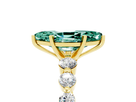 Yellow gold Marquise Cut Solitaire Green Sapphire Ring with Pave Band and Four-Prong Setting_5