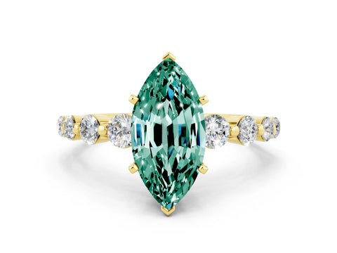 Yellow gold Marquise Cut Solitaire Green Sapphire Ring with Pave Band and Four-Prong Setting