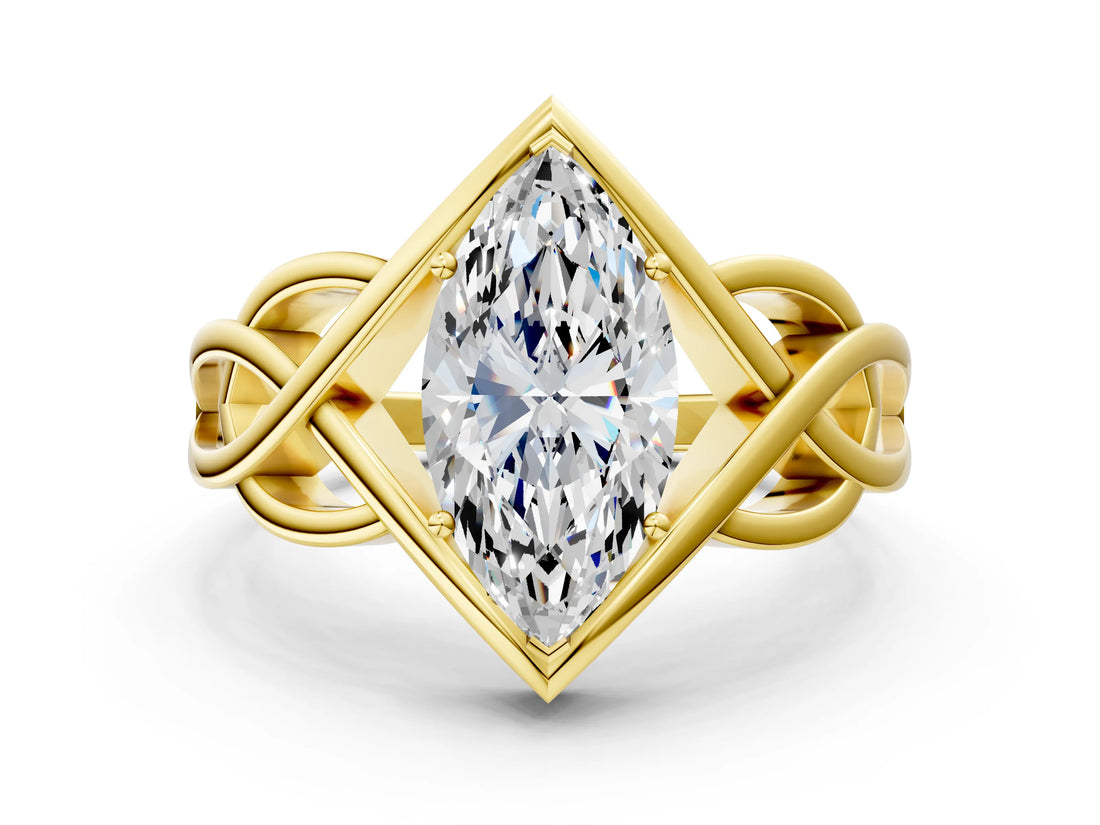Yellow gold Marquise Cut Solitaire Intertwined Band Prong Setting Ring_16