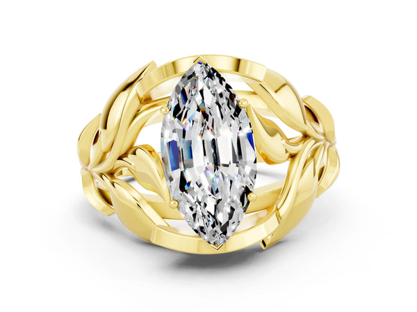 Yellow gold Marquise Cut Moissanite Leaf-Inspired Engagement Ring with Round Accents and Prong Setting
