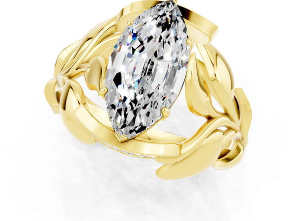 Yellow gold Marquise Cut Moissanite Leaf-Inspired Engagement Ring with Round Accents and Prong Setting