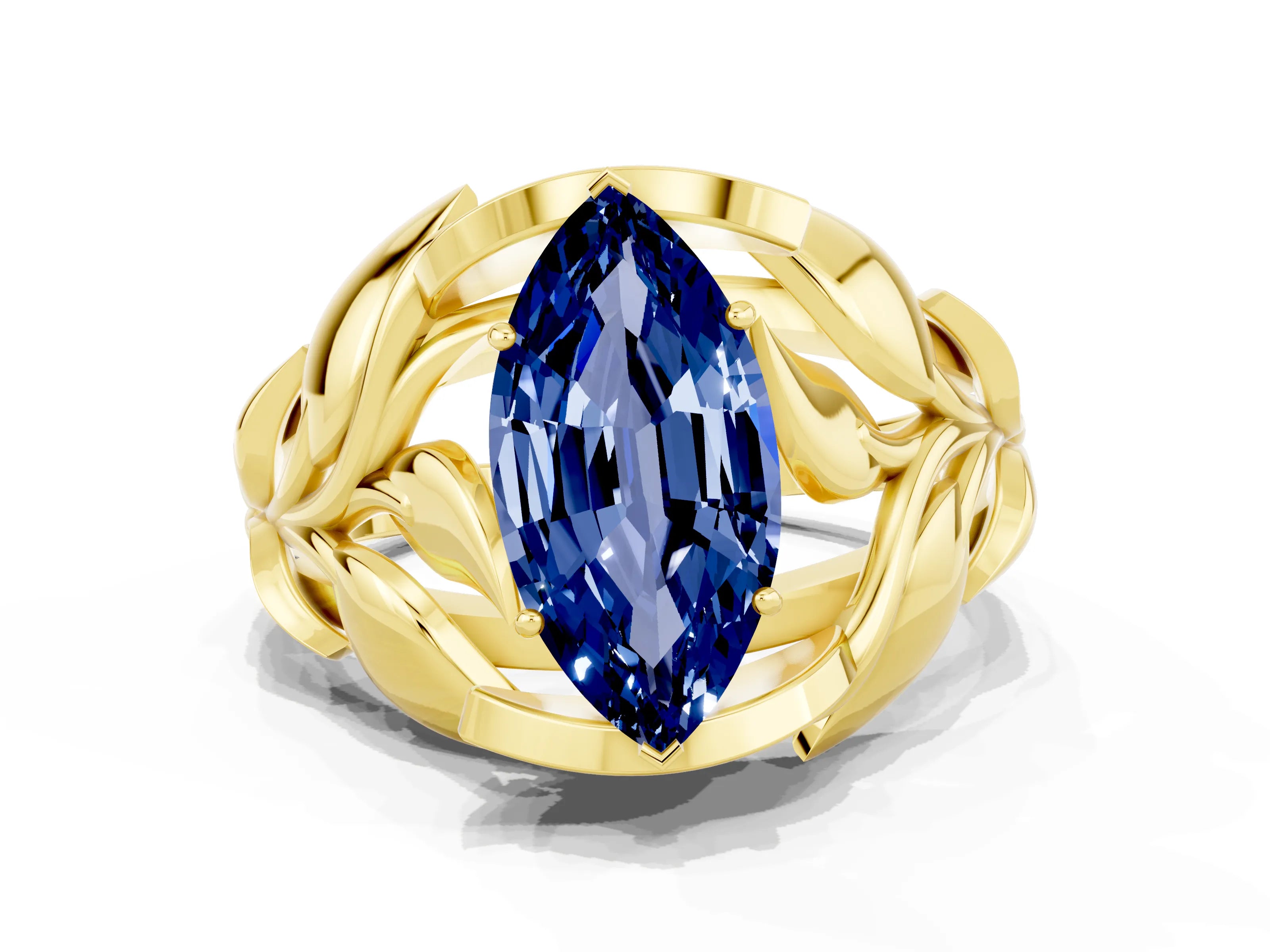 Yellow gold Marquise Cut Solitaire Leaf-Inspired Engagement Ring with Prong Setting