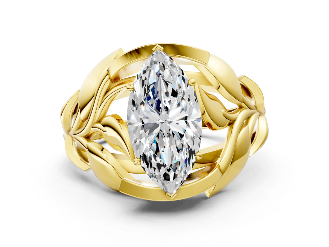 Yellow gold Marquise Cut Solitaire Leaf-Inspired Engagement Ring with Prong Setting_15
