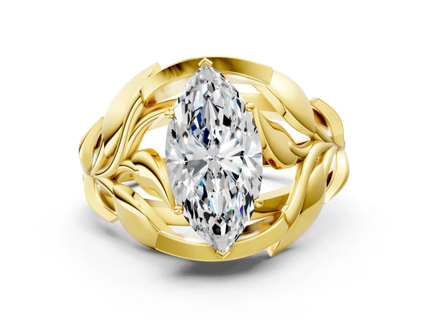 Yellow Gold Marquise Leaf Bypass Engagement Ring Setting with Pave Leaf Panels