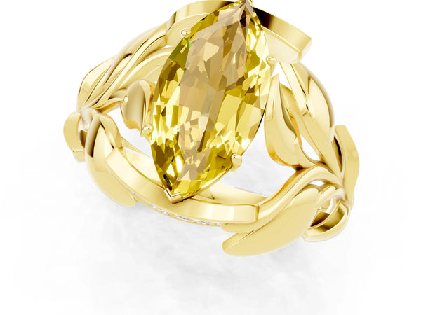 Yellow gold Marquise Cut Yellow Sapphire Leaf-Inspired Engagement Ring with Round Accents and Prong Setting