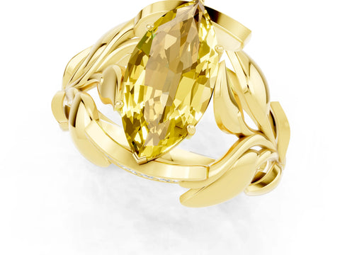 Yellow gold Marquise Cut Solitaire Leaf-Inspired Engagement Ring with Prong Setting_1
