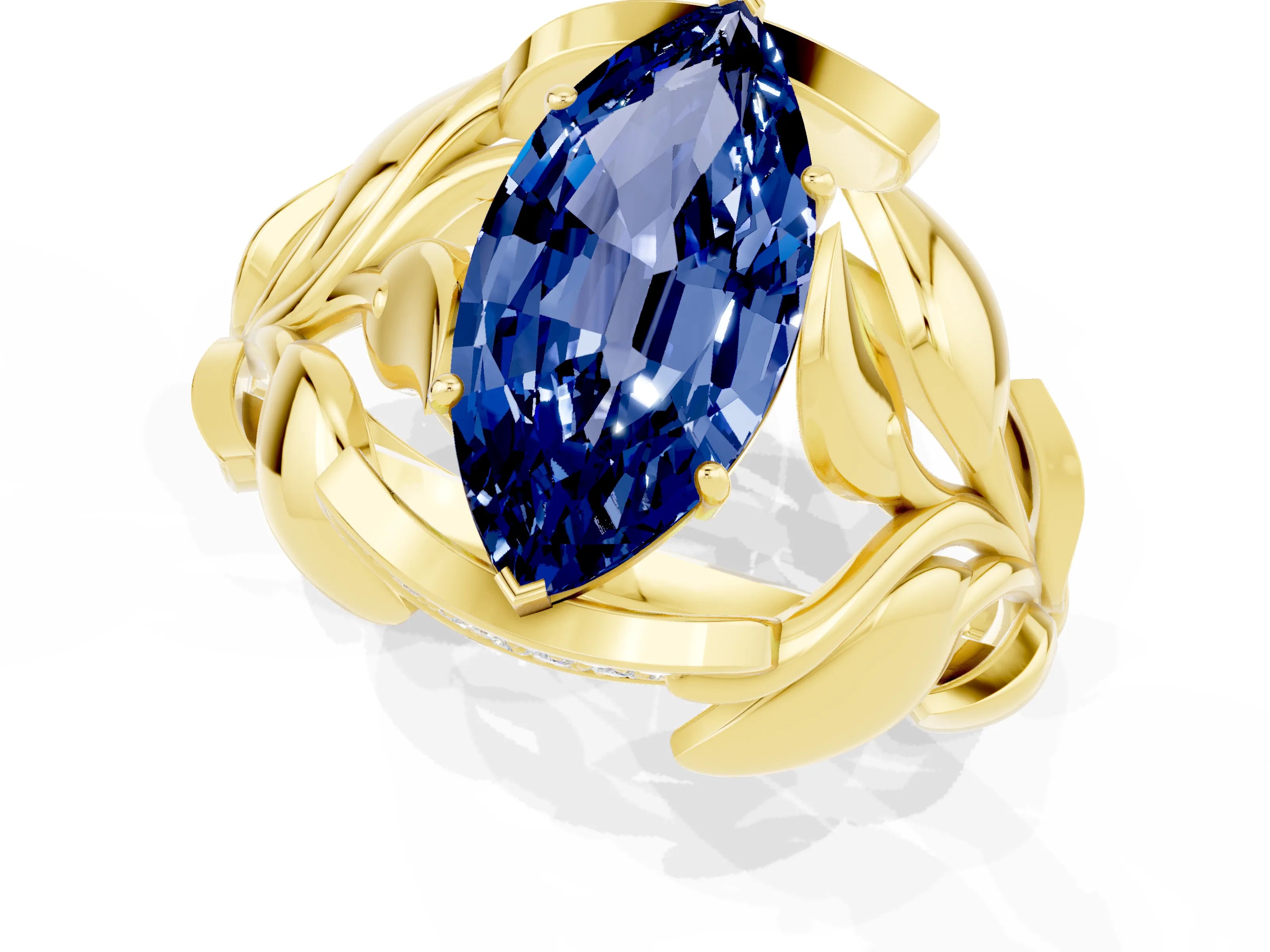 Yellow gold Marquise Cut Solitaire Leaf-Inspired Engagement Ring with Prong Setting_1