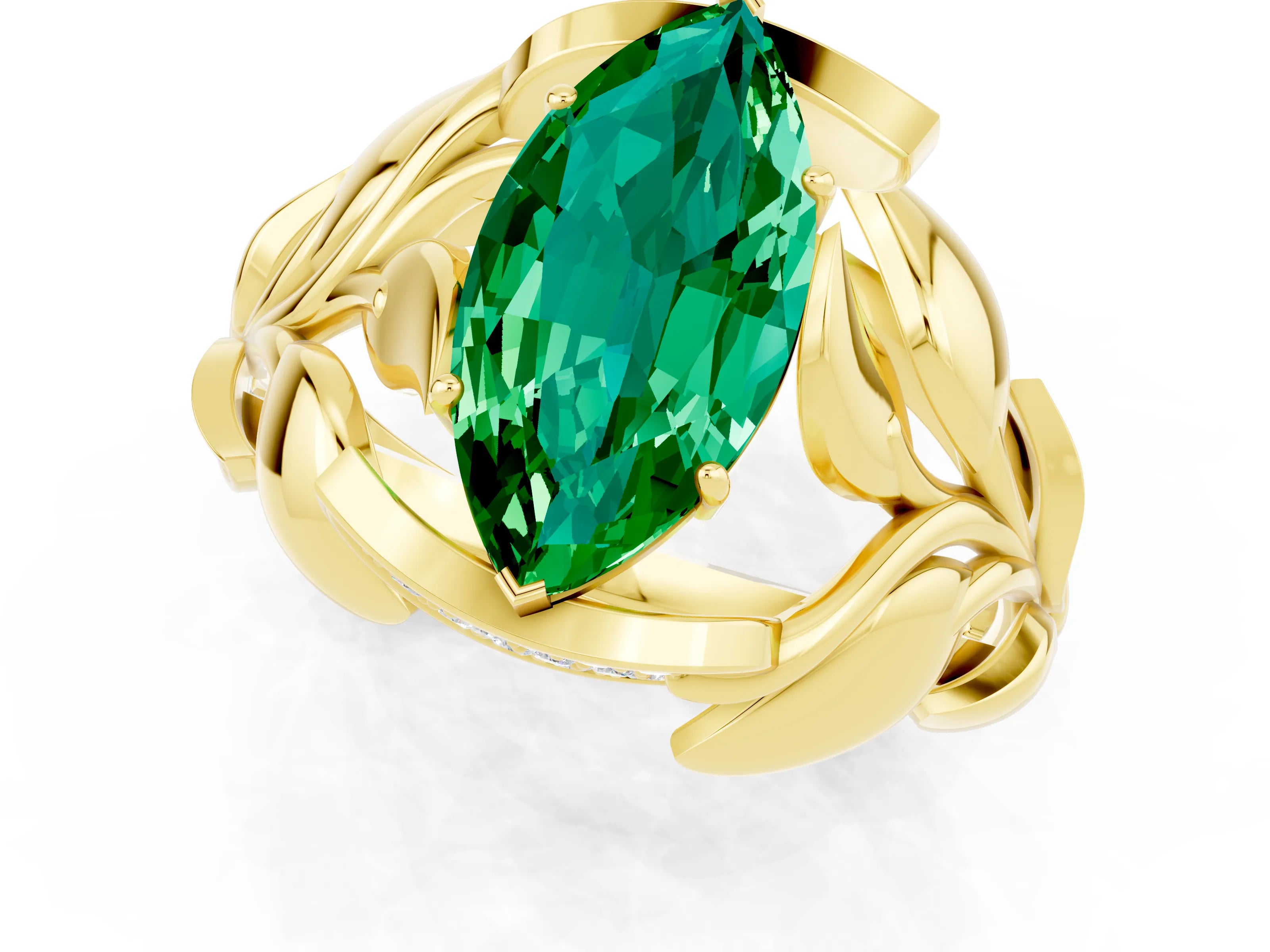 Yellow gold Marquise Cut Solitaire Leaf-Inspired Engagement Ring with Prong Setting_1
