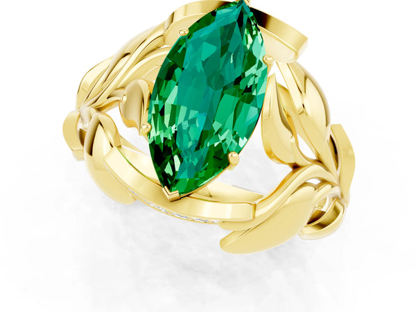 Yellow gold Marquise Cut Emerald Leaf-Inspired Engagement Ring with Round Accents and Prong Setting