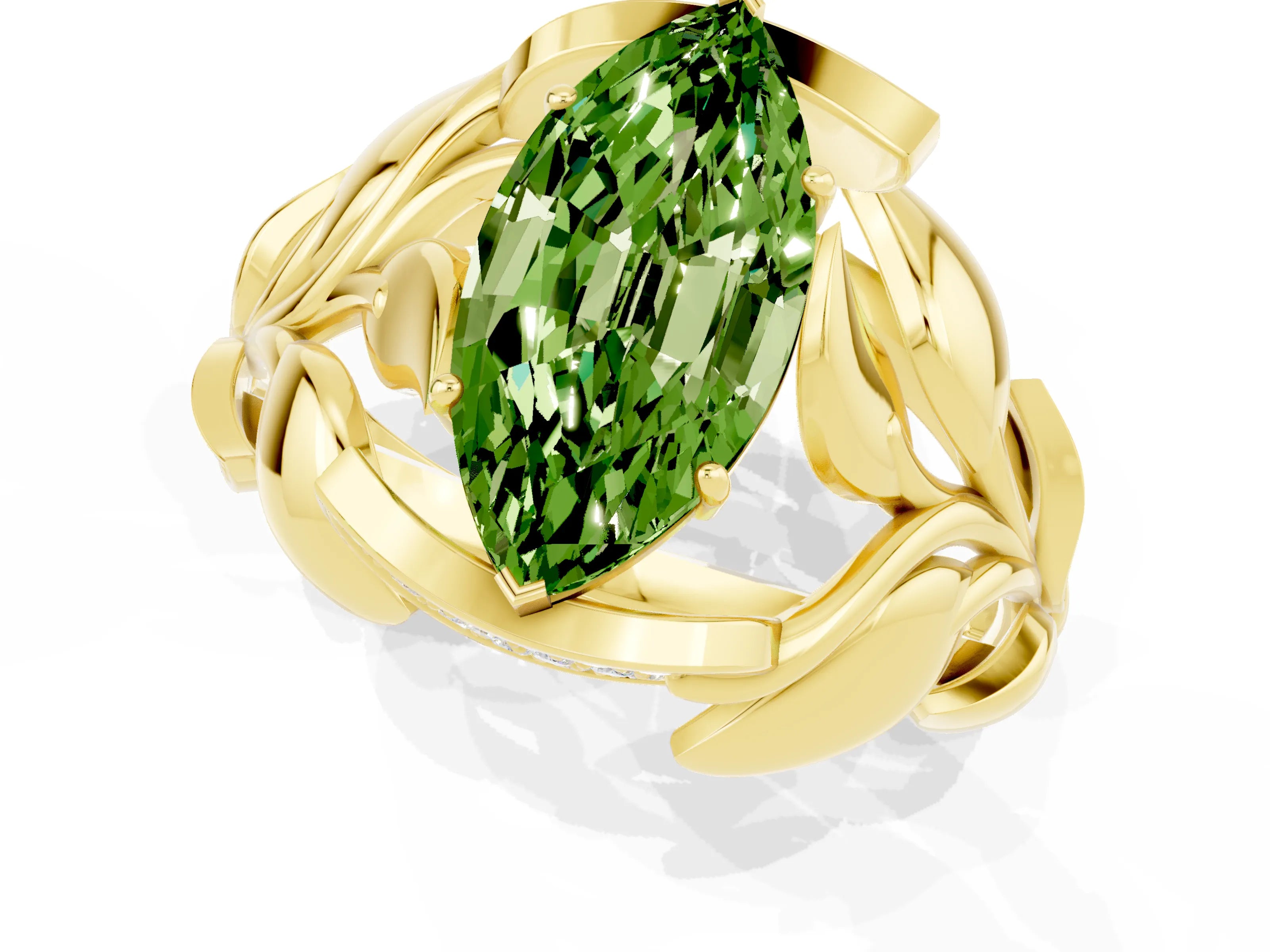 Yellow gold Marquise Cut Solitaire Leaf-Inspired Engagement Ring with Prong Setting_1
