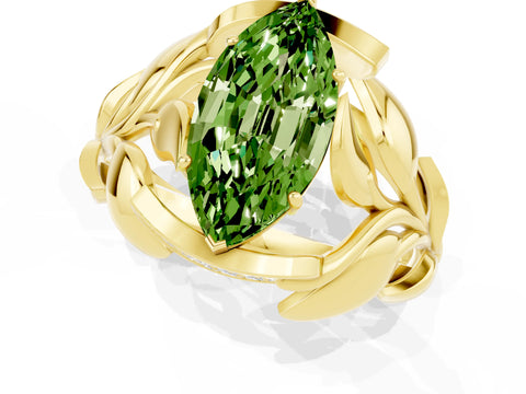 Yellow gold Marquise Cut Solitaire Leaf-Inspired Engagement Ring with Prong Setting_1