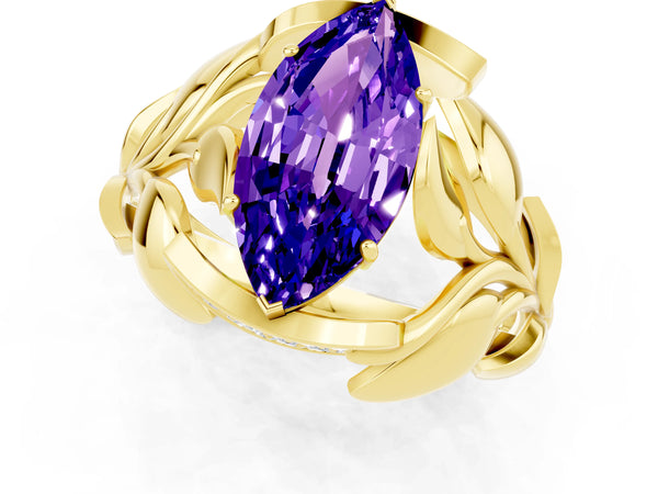 Yellow gold Marquise Cut Tanzanite Leaf-Inspired Engagement Ring with Round Accents and Prong Setting