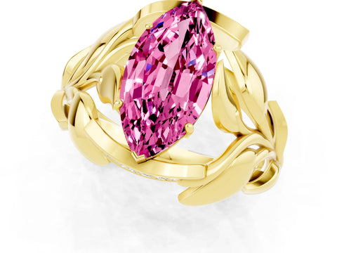 Yellow gold Marquise Cut Solitaire Leaf-Inspired Engagement Ring with Prong Setting_1
