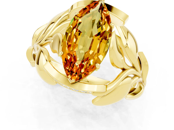 Yellow gold Marquise Cut Citrine Leaf-Inspired Engagement Ring with Round Accents and Prong Setting