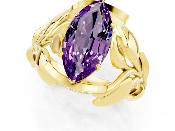 Yellow gold Marquise Cut Amethyst Leaf-Inspired Engagement Ring with Round Accents and Prong Setting