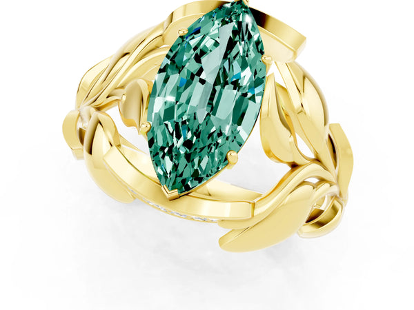 Yellow gold Marquise Cut Green Sapphire Leaf-Inspired Engagement Ring with Round Accents and Prong Setting