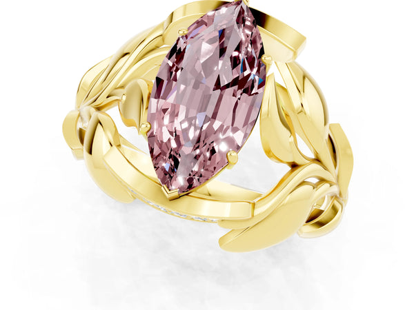 Yellow gold Marquise Cut Solitaire Leaf-Inspired Engagement Ring with Prong Setting