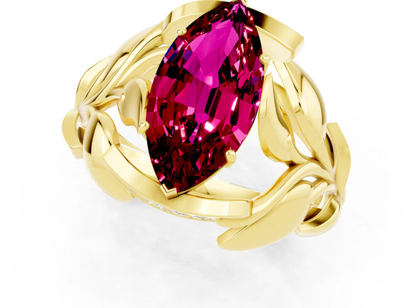 Yellow gold Marquise Cut Garnet Leaf-Inspired Engagement Ring with Round Accents and Prong Setting