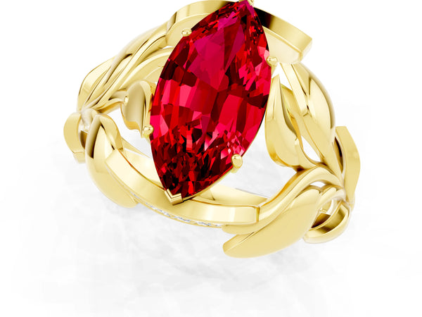 Yellow gold Marquise Cut Ruby Leaf-Inspired Engagement Ring with Round Accents and Prong Setting