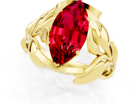 Yellow gold Marquise Cut Solitaire Leaf-Inspired Engagement Ring with Prong Setting_1